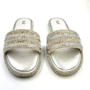 Womens Sz 9 Sparkly Silver Slides Rhinestone Sandals Slipper Glam Summer Shoes